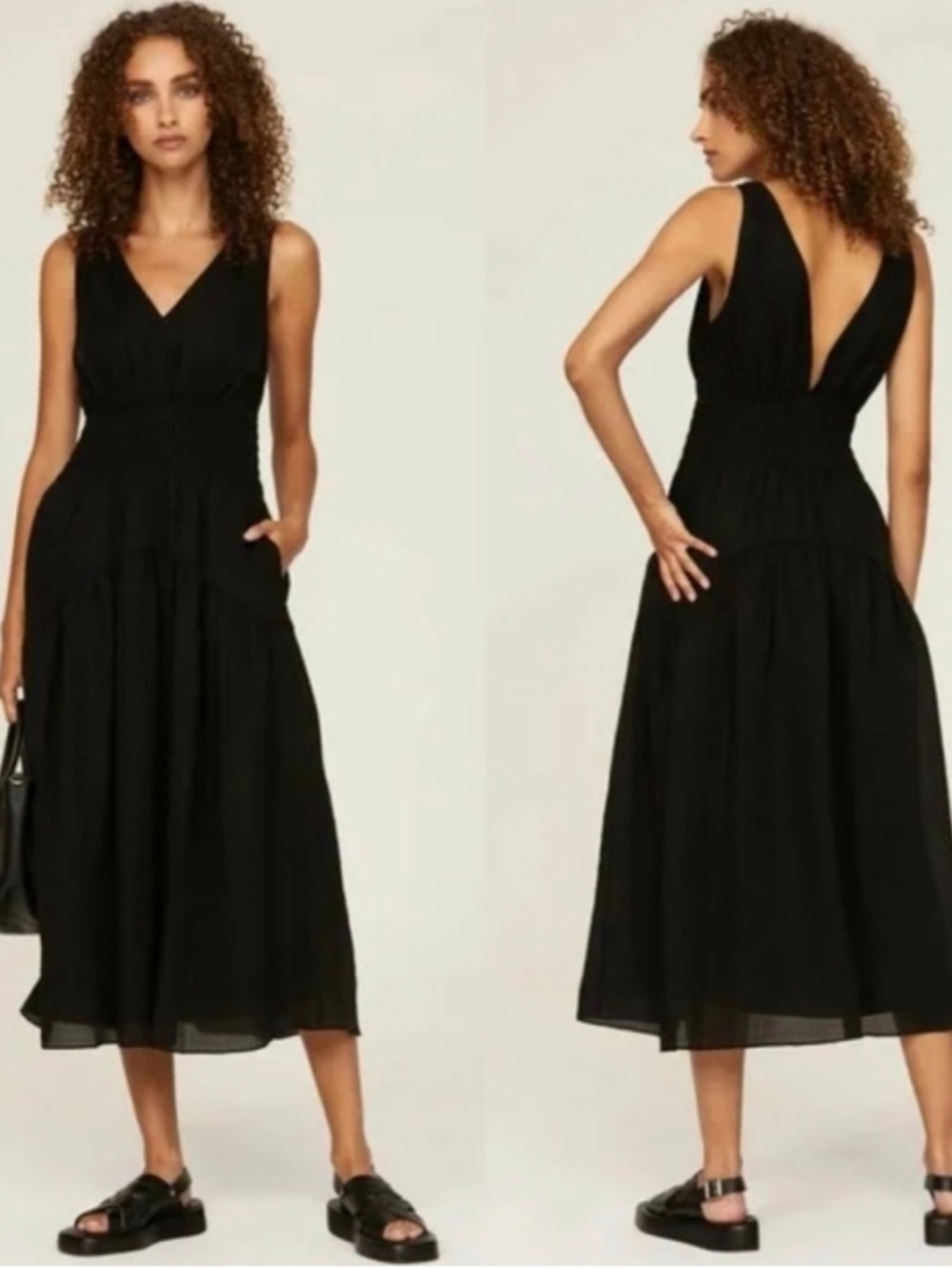 Vince Black Sleeveless V-Neck Midi Dress